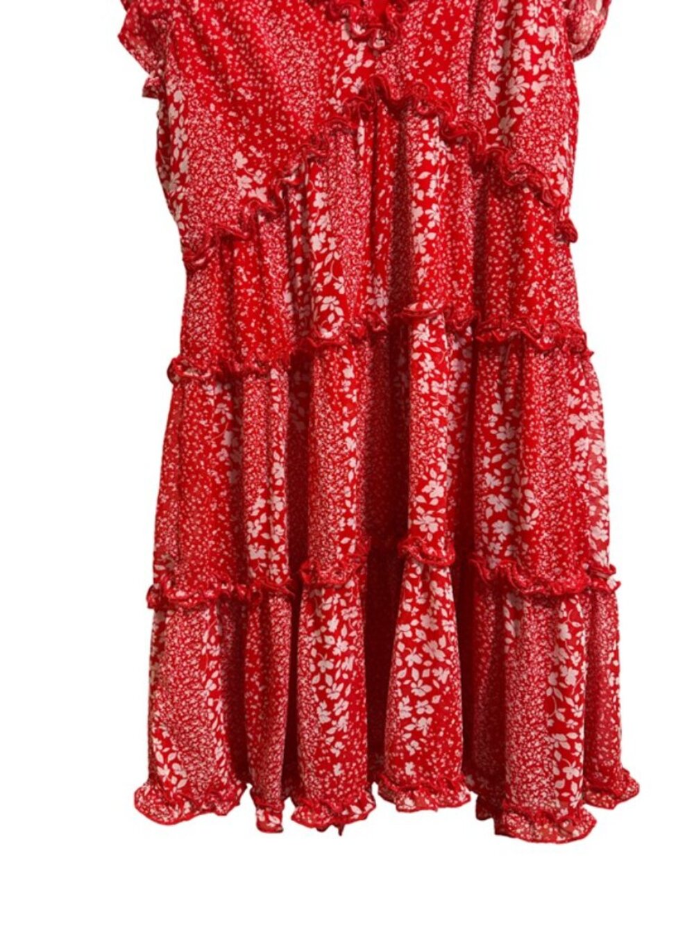In Loom Red Floral V-Neck Tiered Ruffle Cap Sleeve Mini Dress - Size Large - Picture 4 of 12